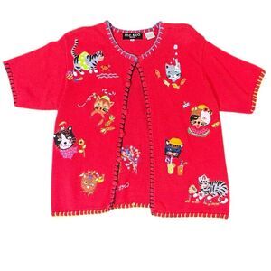 M.C. & Co PS Red Embroidered Cat Sweater Cardigan Vintage Kitten Novelty